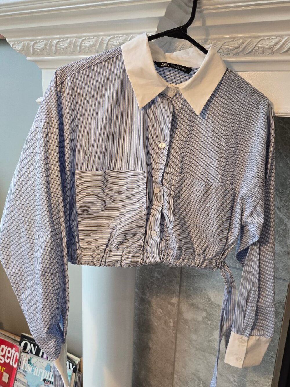 ZARA blouse, white blue poplin cropped elastic waist shirt longsleeve small